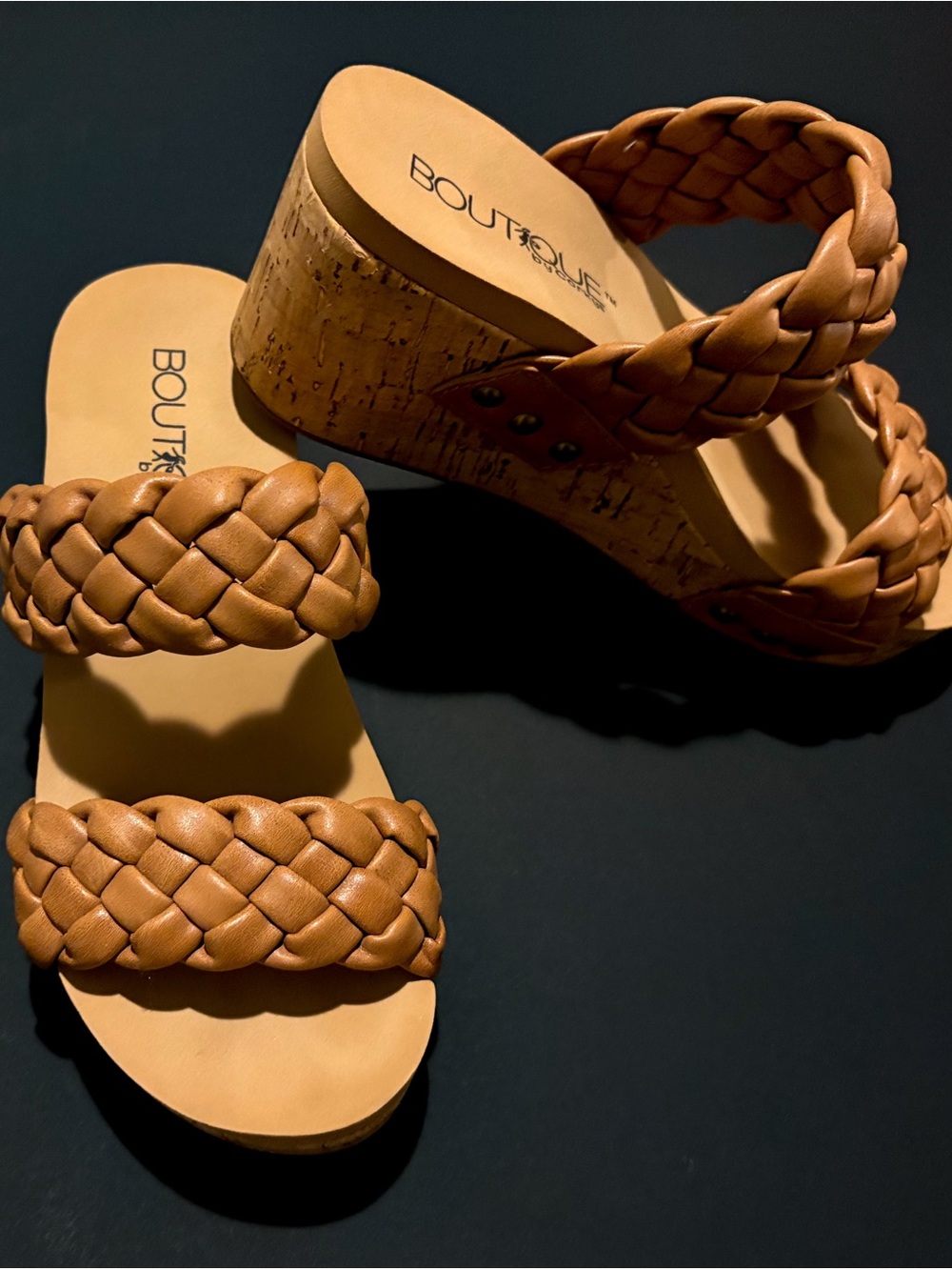 Boutique Tan Braided Cork-Wedge Sandals for Women